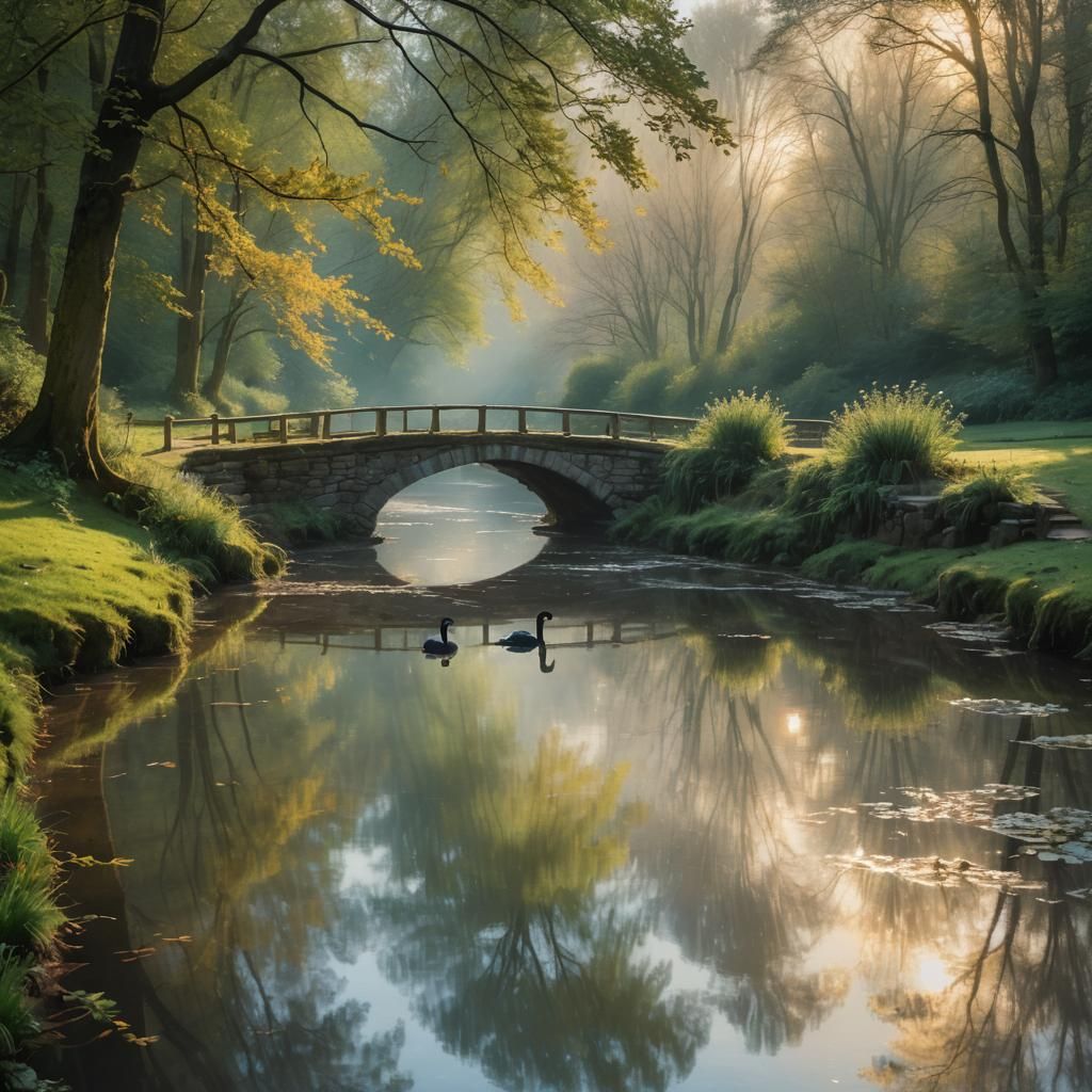 Luminous Landscape with Stone Bridge, in Impressionist Style