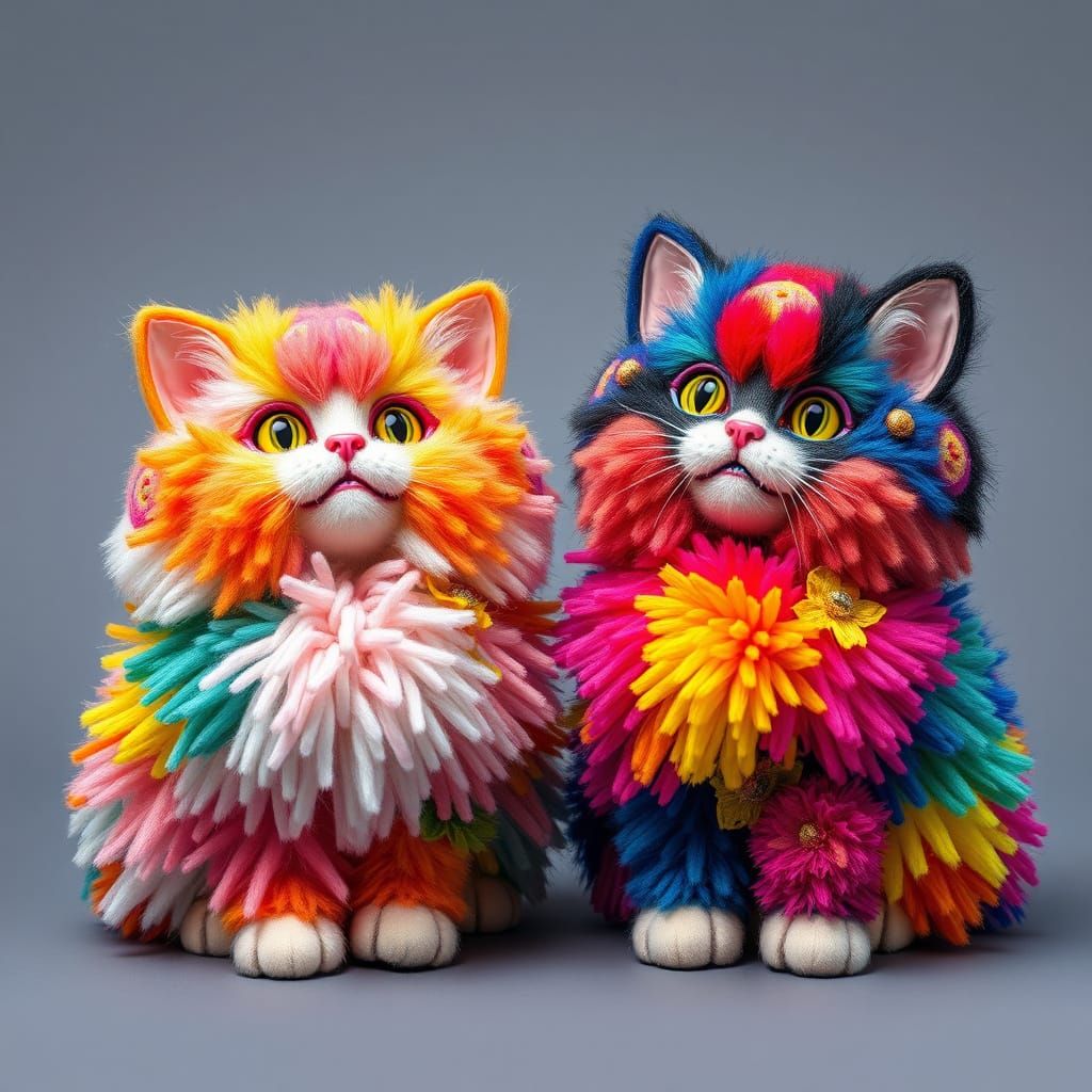 Fluffy Pom-Pom Cats in Pop Art Style
