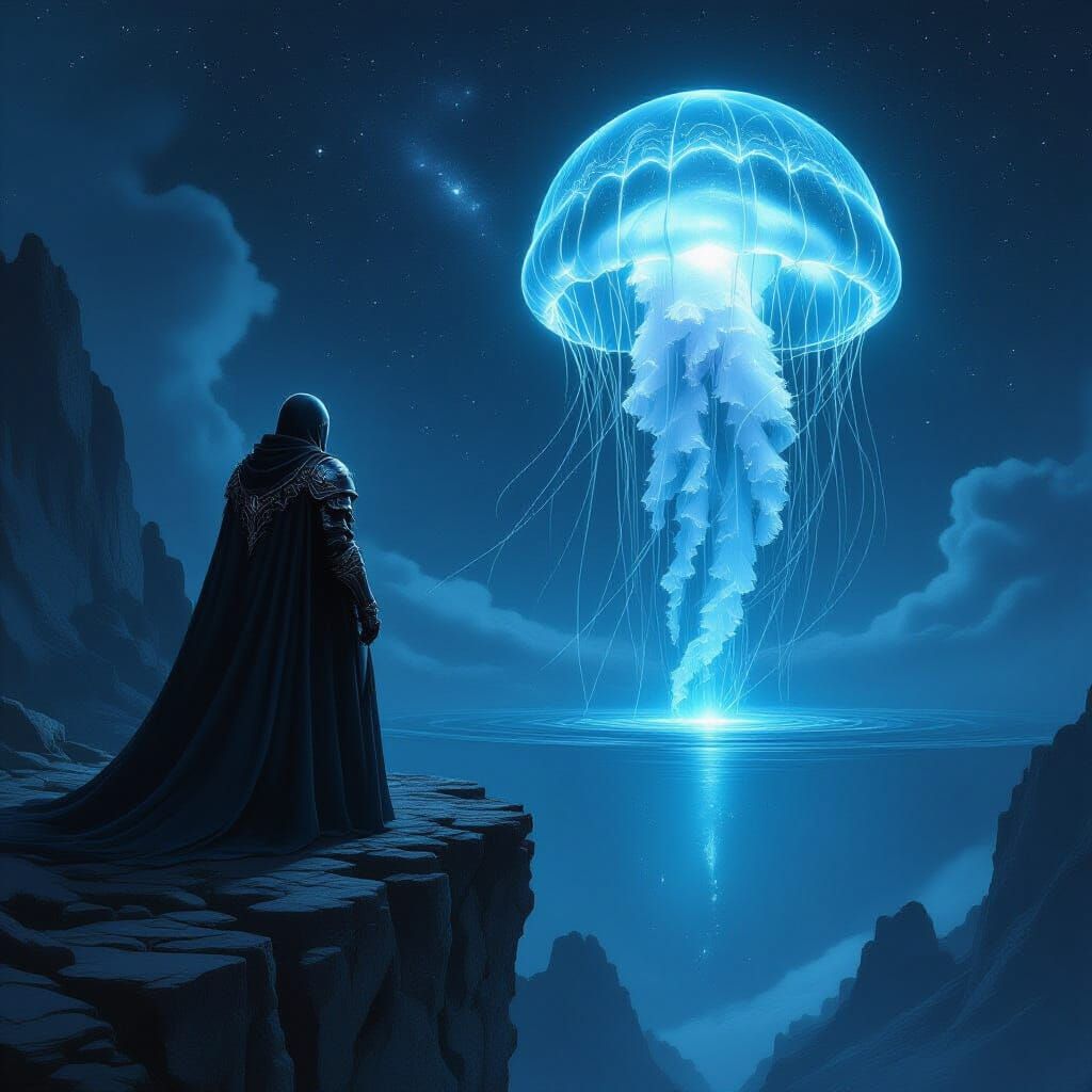 Knight on Precipice Over Starlit Ocean with Bioluminescent J...