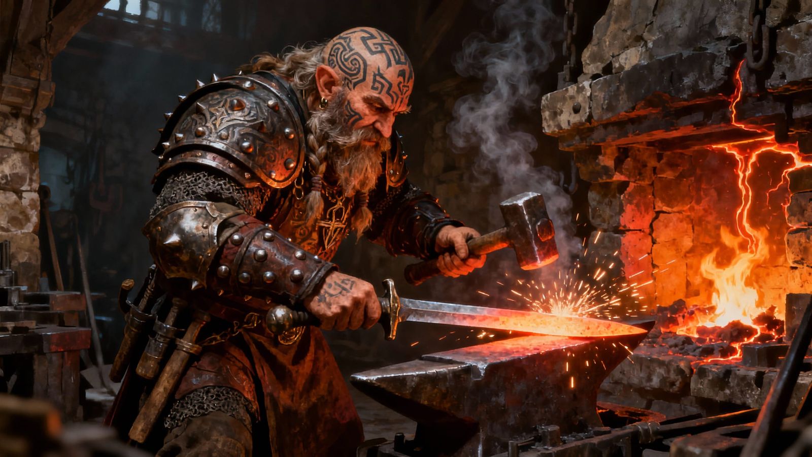 Fantasy Dwarf Forging Sword in Fiery Forge