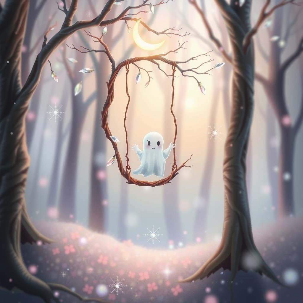 Ethereal Ghost on Swing in Pastel Mystical Forest