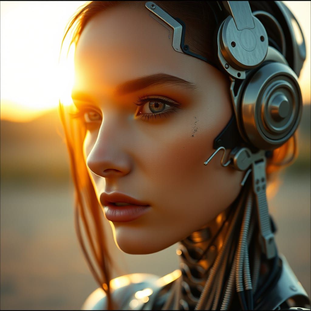 Cyberpunk Goddess in Golden Sunset Glow