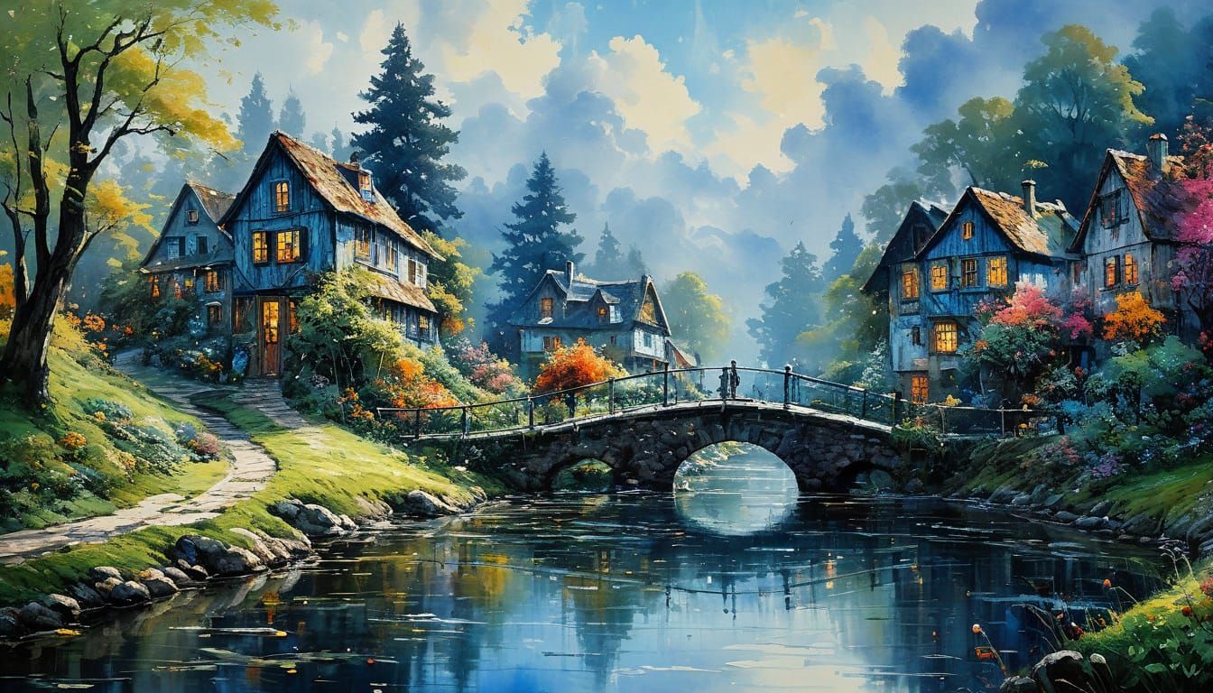 Vibrant Magical Kingdom with Floating Houses and Rope Bridge...