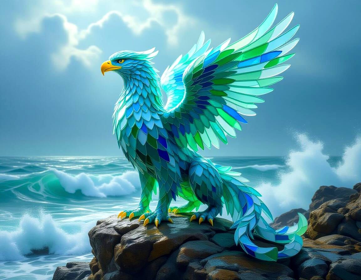 Majestic Sea Glass Griffin Perched Over Stormy Sea