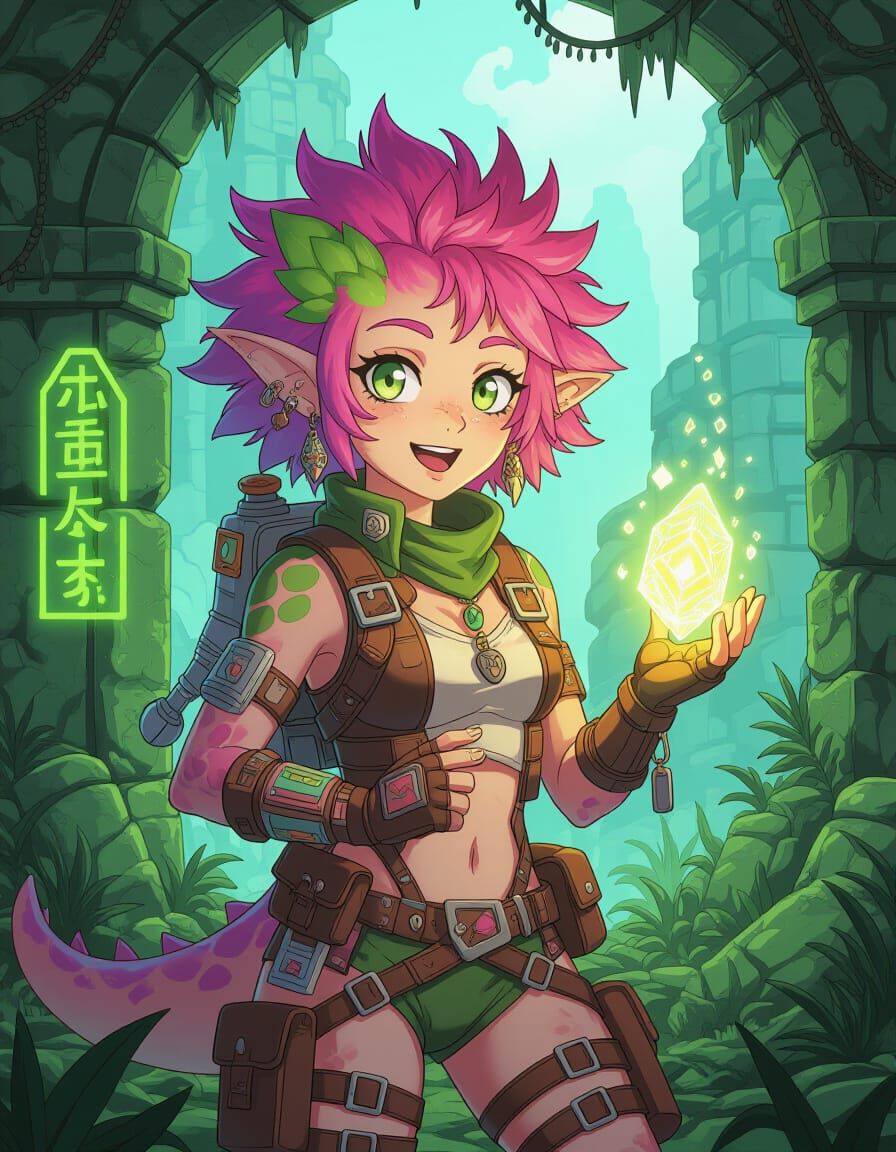 Saurian Explorer in Alien Ruins, Anime Style