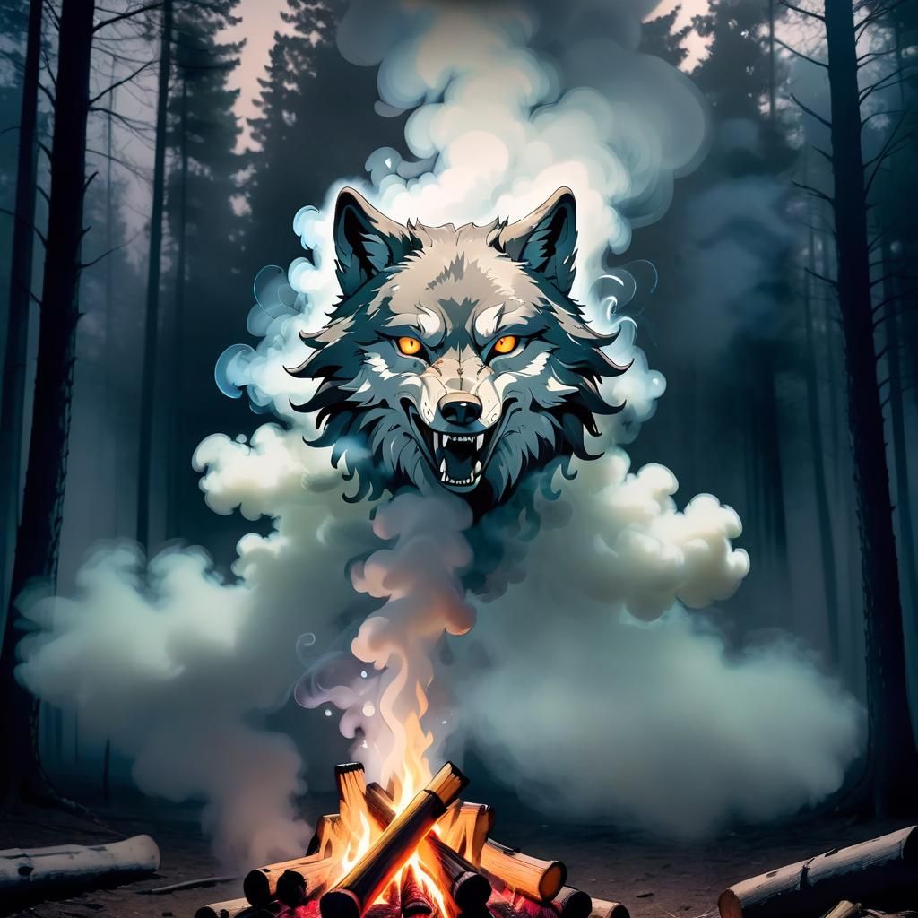 Smoky Wolf Head Emerges from Campfire