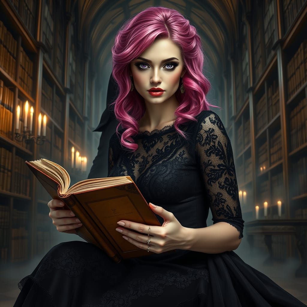 Ethereal Woman in Gothic Library, Hints of Dark Mysticism