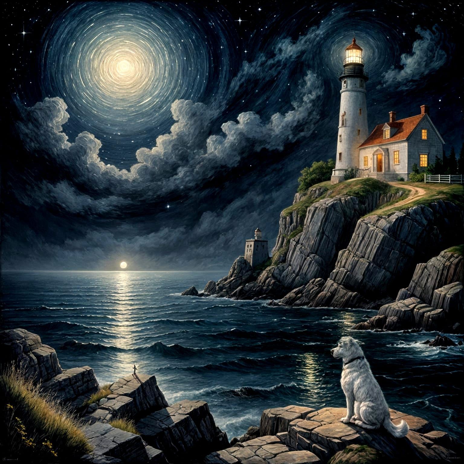 Serene Lighthouse Scene Under Starry Night Sky