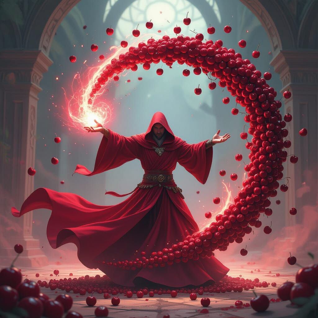 Sorcerer Conjures Ripe Cherries in Magical Vortex