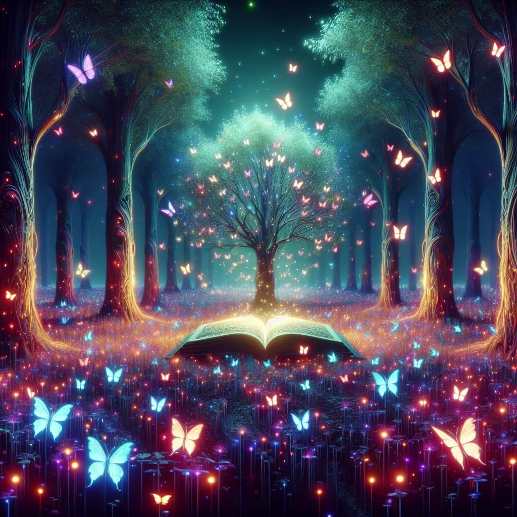 Enchanted Fluorescent Forest with Magic Book