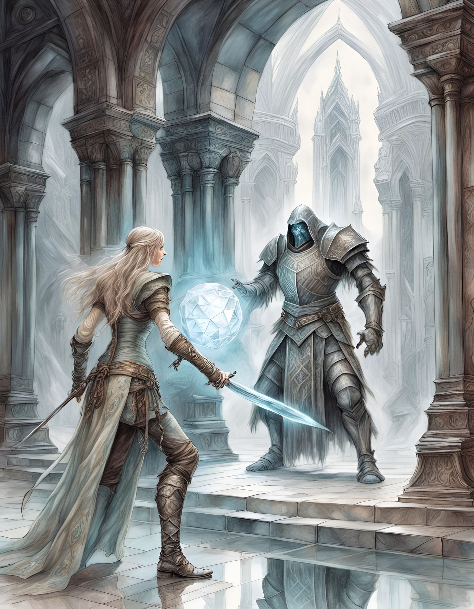 Adventuress vs Crystal Golem in Pastel Illustration