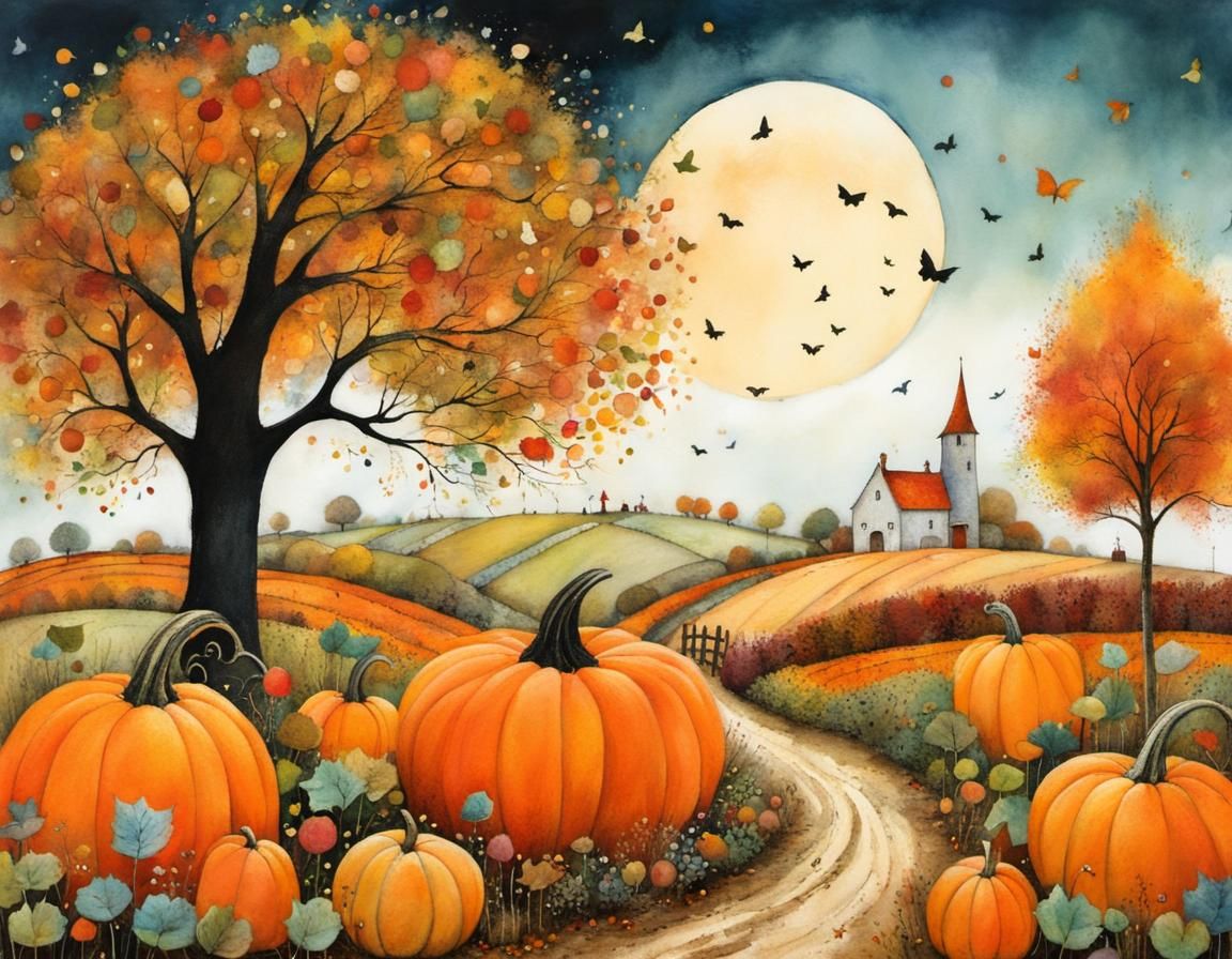 Magical Autumn Garden and Pumpkin Patch Illustration