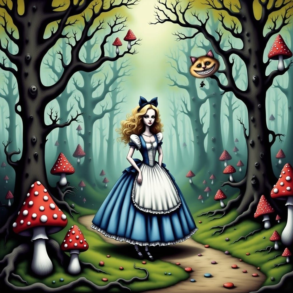 Alice and Cheshire Cat in Whimsical Illustration Style
