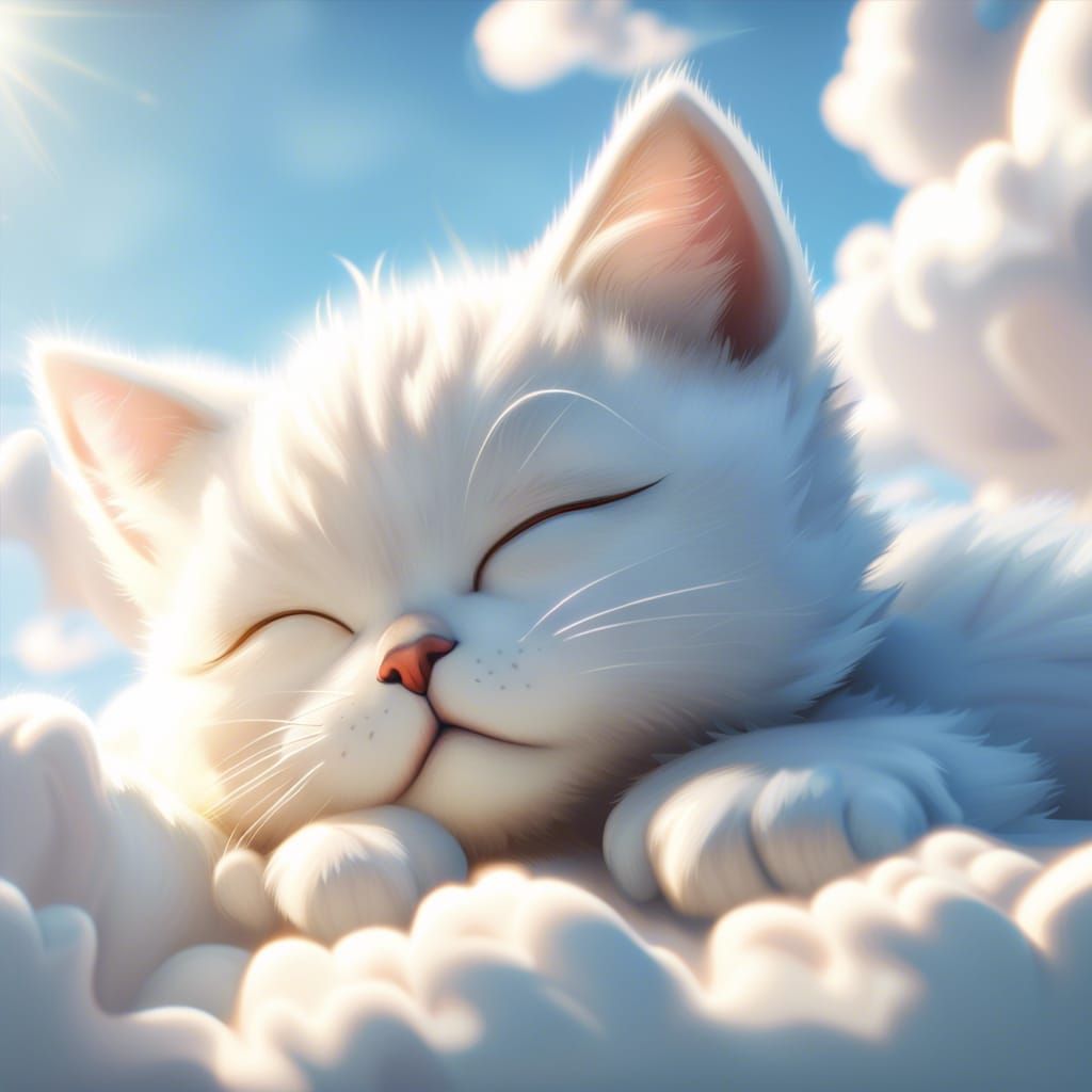 Kitten Napping on Cloud in 3D Game Cinematic Style