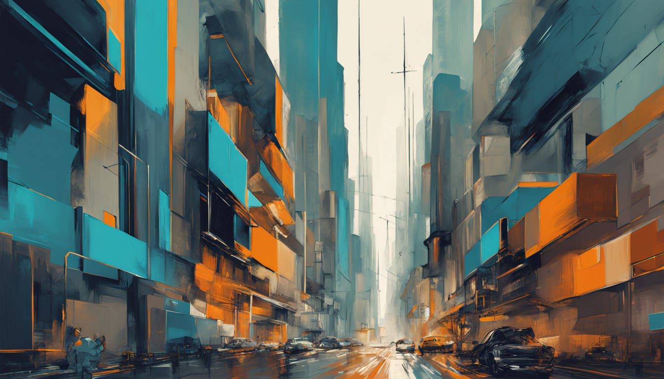 Urban Geometric Abstraction Oil Painting of a Dissolving Cit...