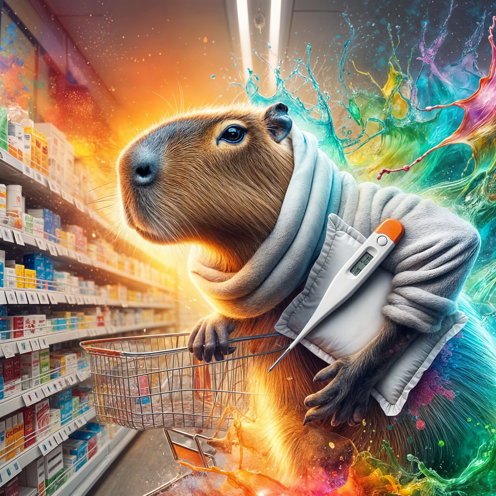Sick Capybara Shopping at Pharmacy: Splash Art