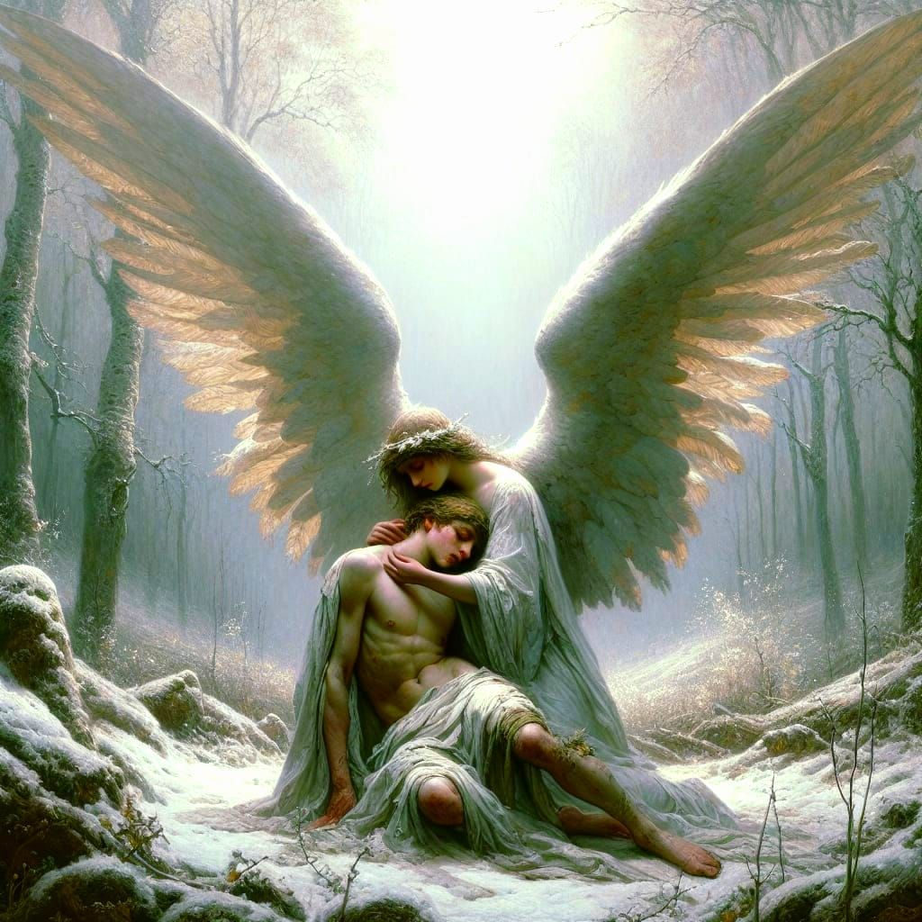 Majestic Angel in a Spring Forest, in the Style of Early 20t...