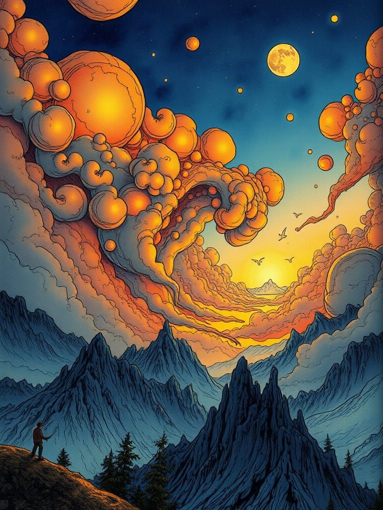 Ethereal Skies in Water-Ink Style