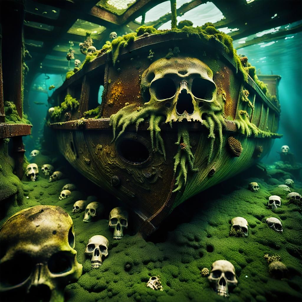 Sunken Pirate Ship Interior with Sea Life