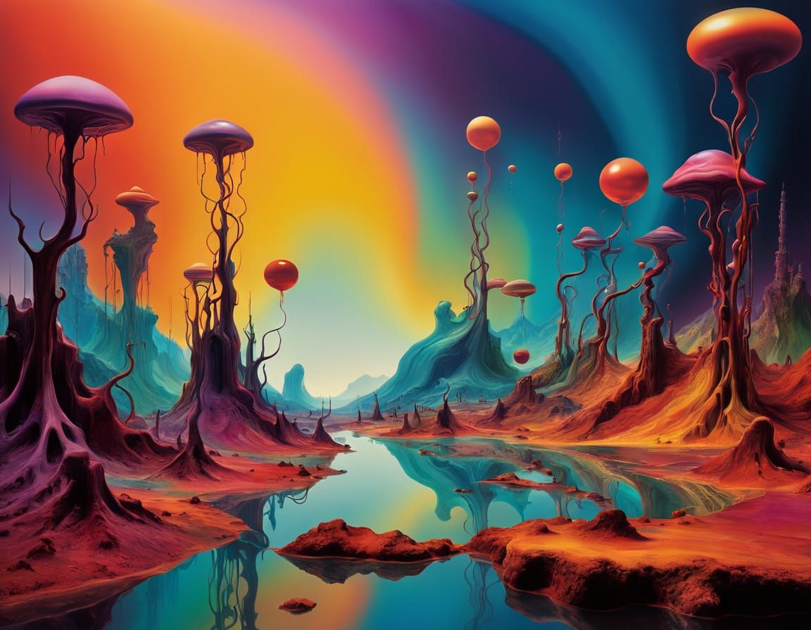 Dreamlike Landscape of Melting Terrain in Vibrant, Hallucina...