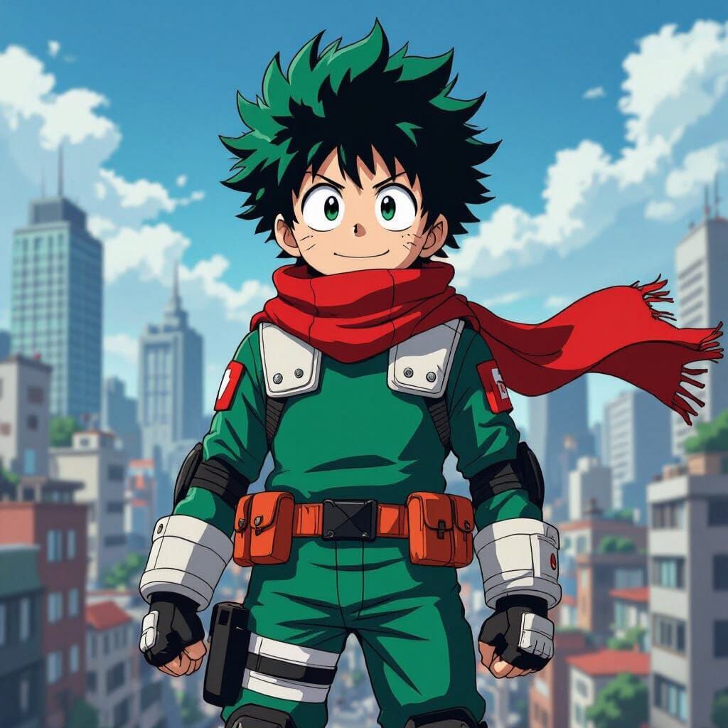 Heroic Deku in Cityscape, Anime Digital Painting