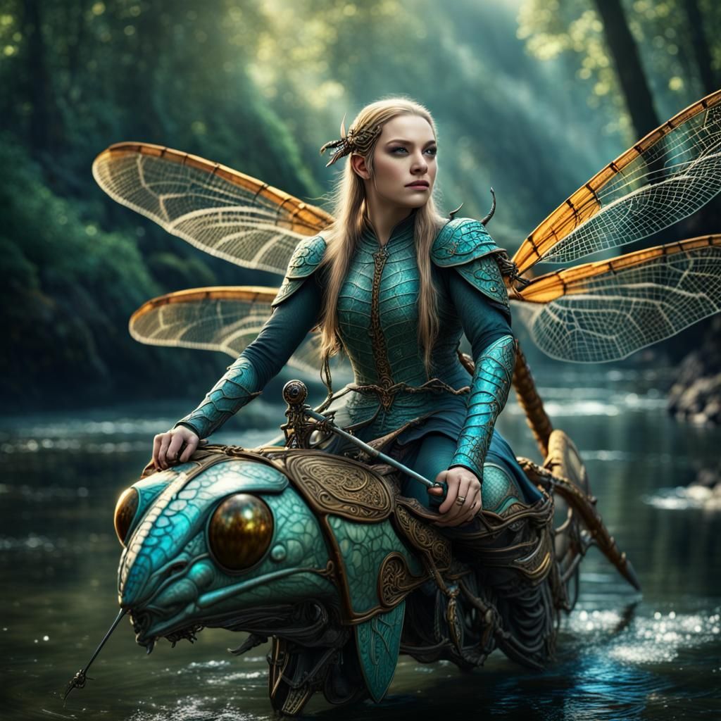 Elven Dragonfly Rider in High Fantasy, Hyperrealistic