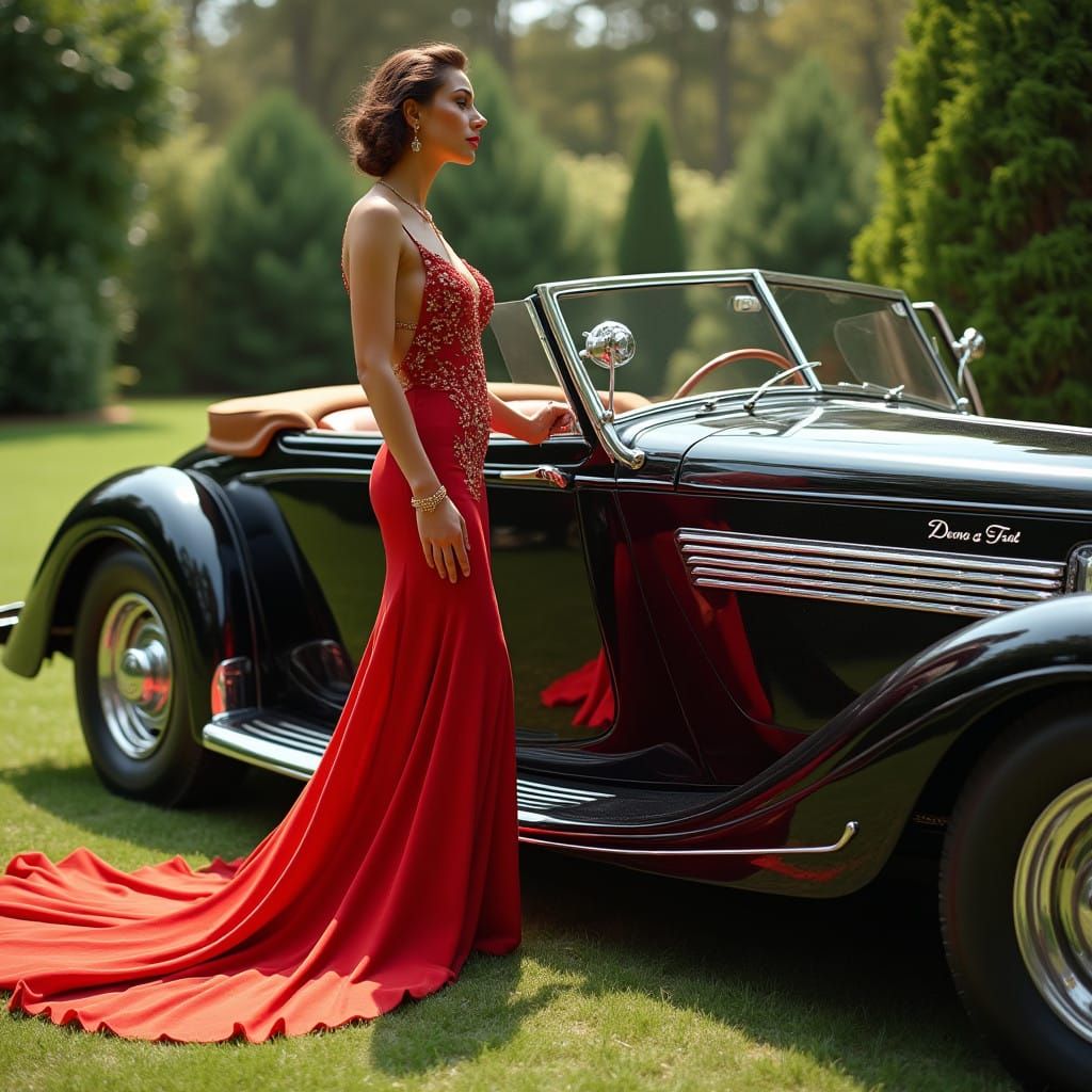 Glamorous Art Deco Car and Lady in Red