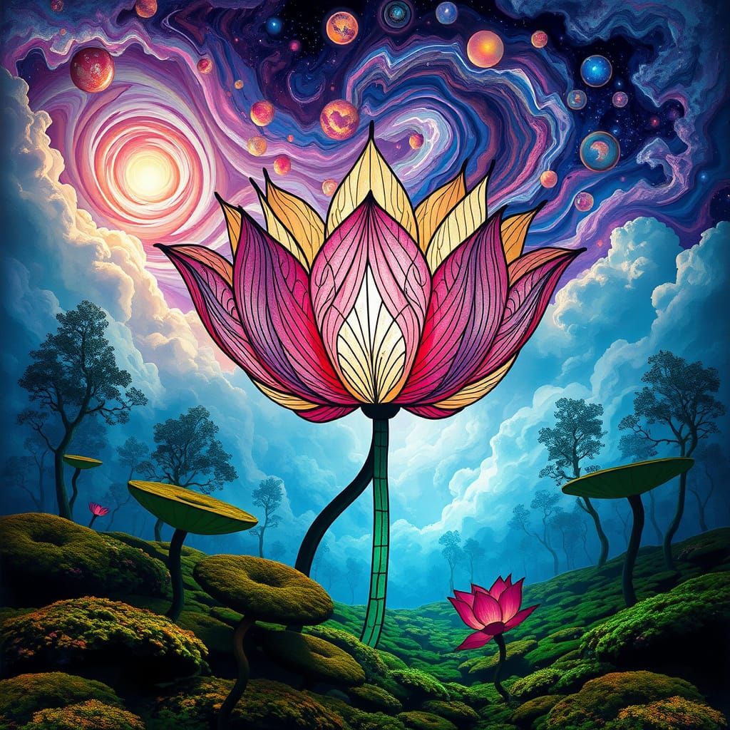 Ethereal Lotus Blooms Amidst Swirling Nebulae in a Dreamlike...