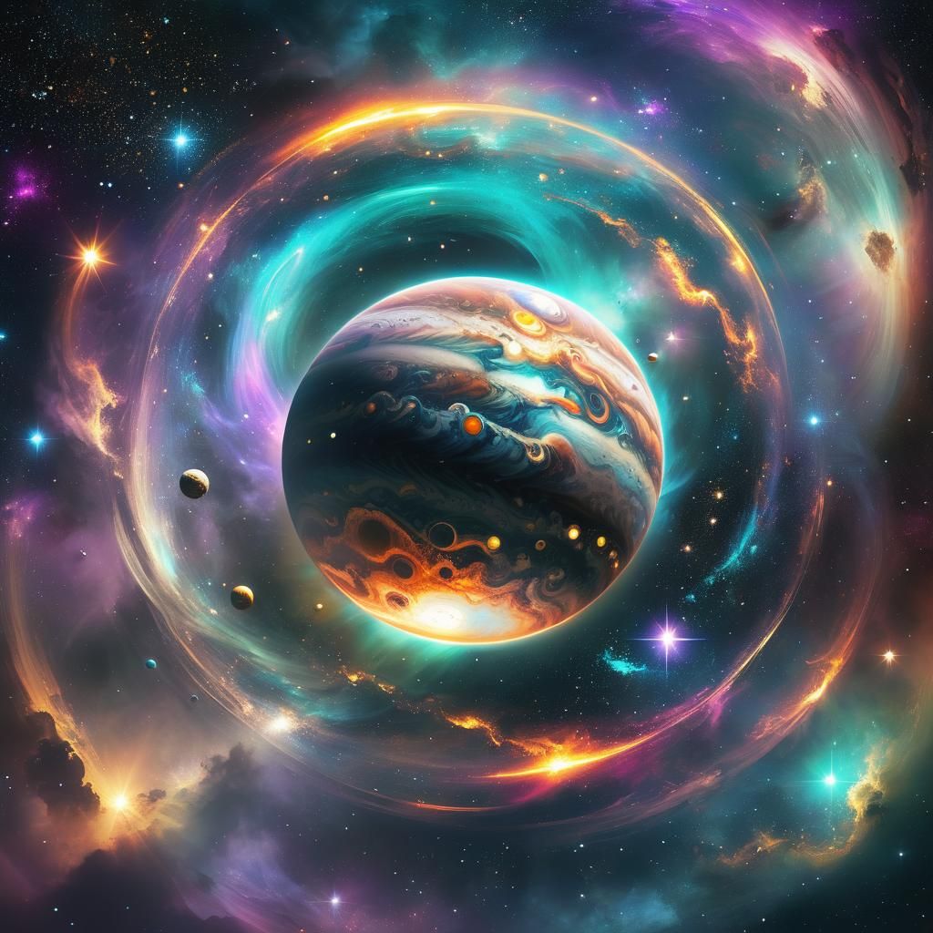 Shimmering Stardust Planet in Glitch Art Style