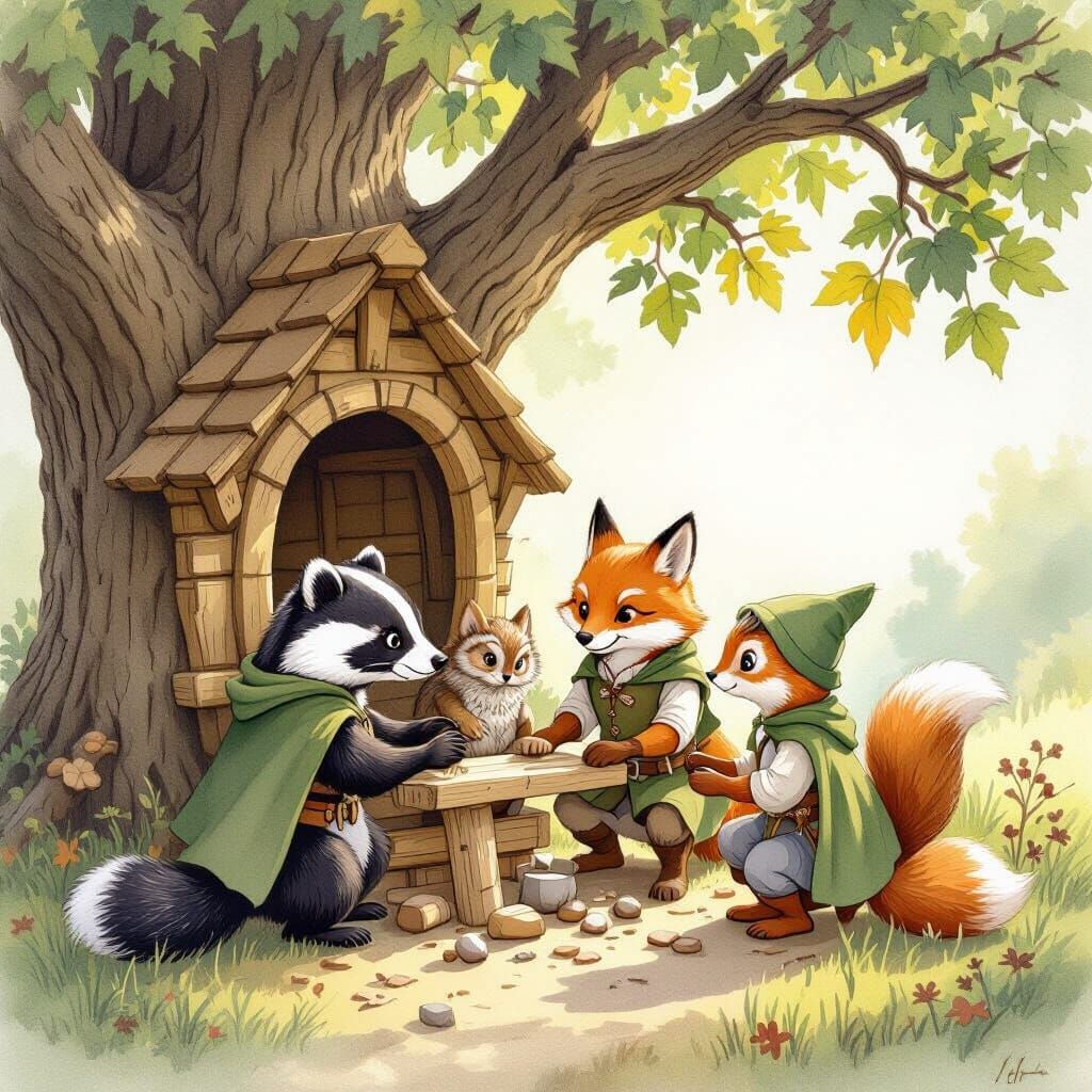 Woodland Creatures Build Cozy Treehouse in Watercolor Style