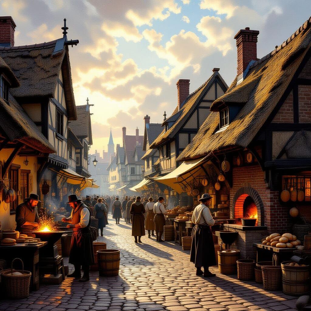 Medieval Marketplace at Dawn: Oil Painting with Chiaroscuro