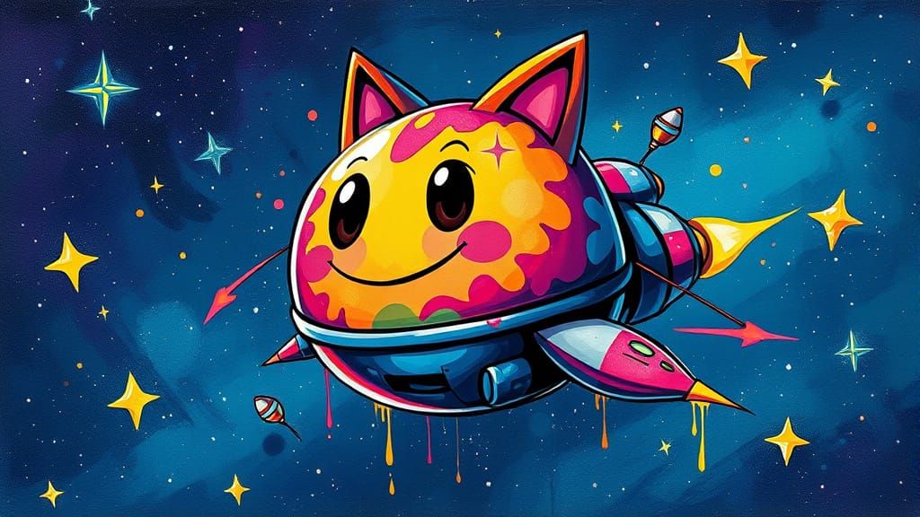 Vibrant Cosmic Feline in Graffiti Style