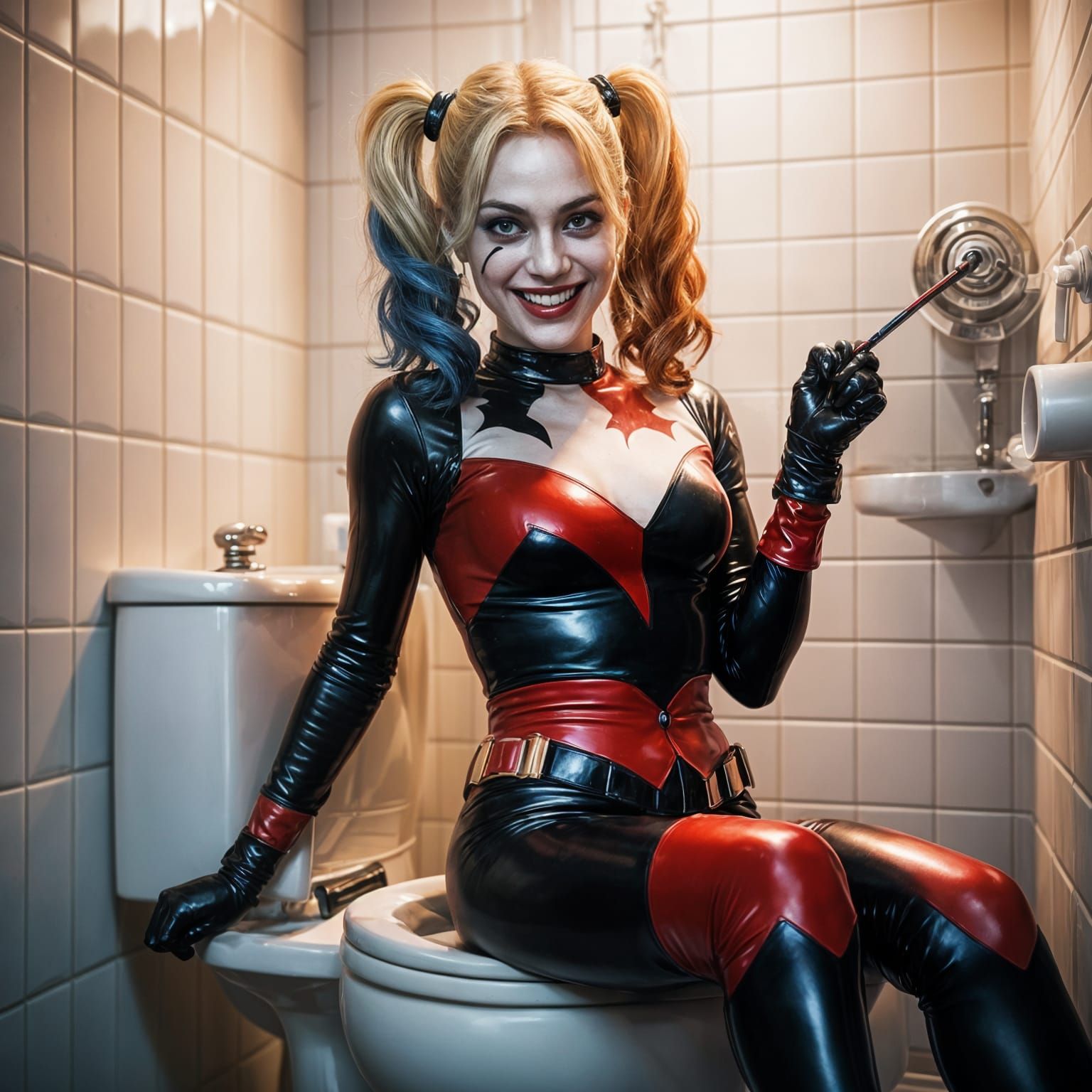 Hyperrealistic Harley Quinn on Toilet in Latex