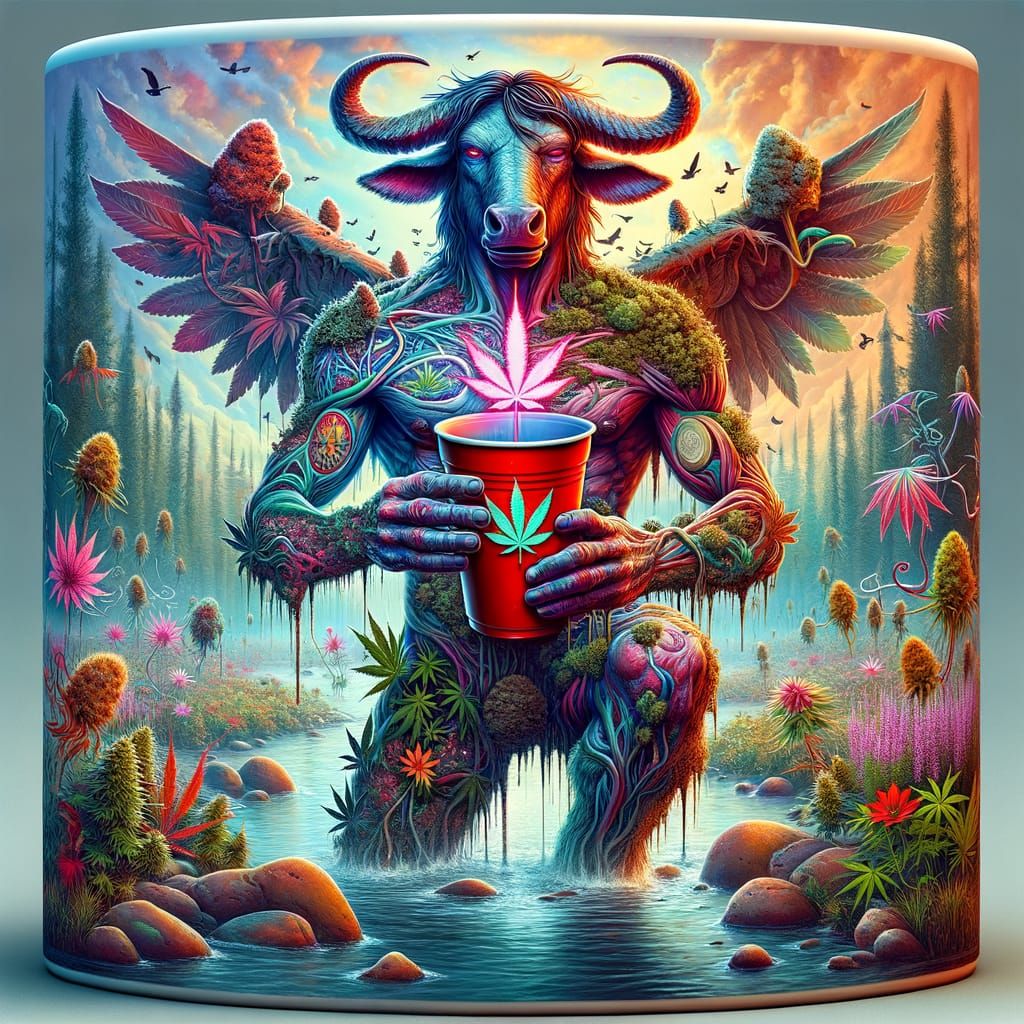 Psychedelic Minotaur Logo with Cannabis Plant
