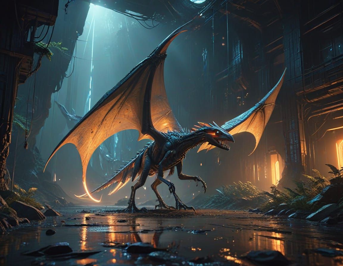 Ethereal Pterodactyl Hologram in Dark Test Hall