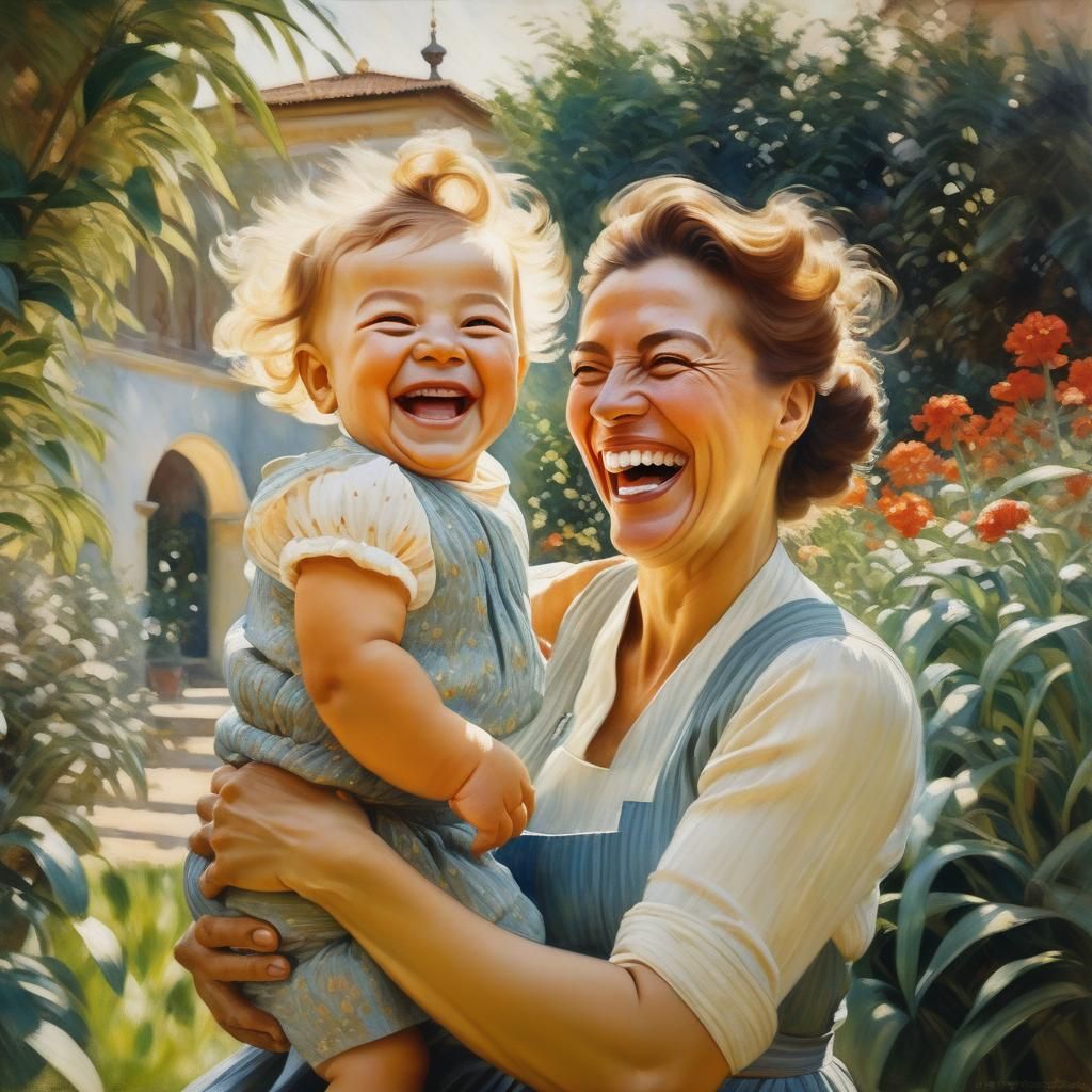 Laughing Mother and Toddler Portrait in Academic Art Style