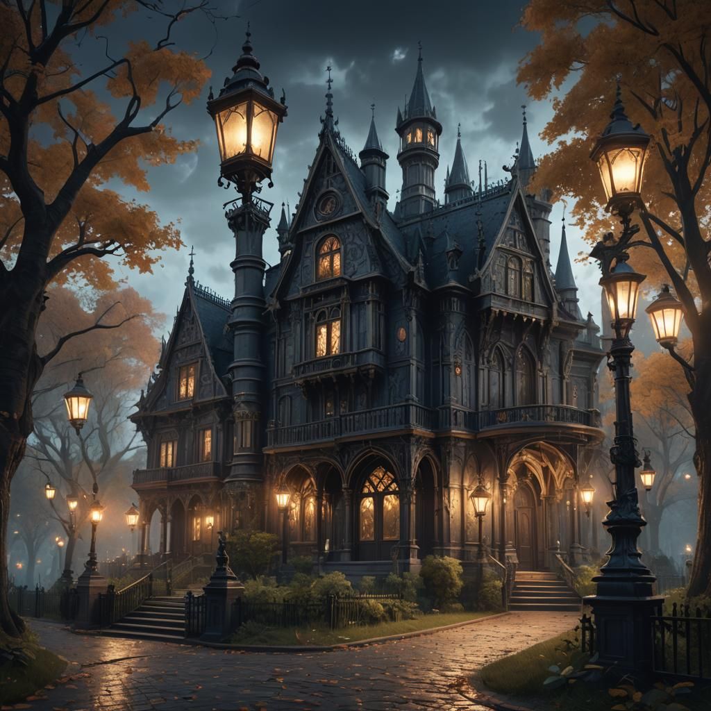 Gothic Mansion at Park's Edge: Detailed Matte Painting