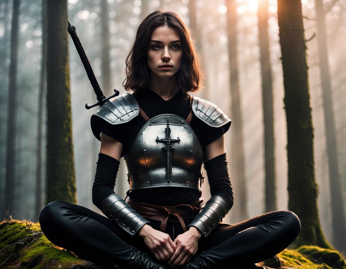 Meditative Teen Warrior in Misty Forest Clearing