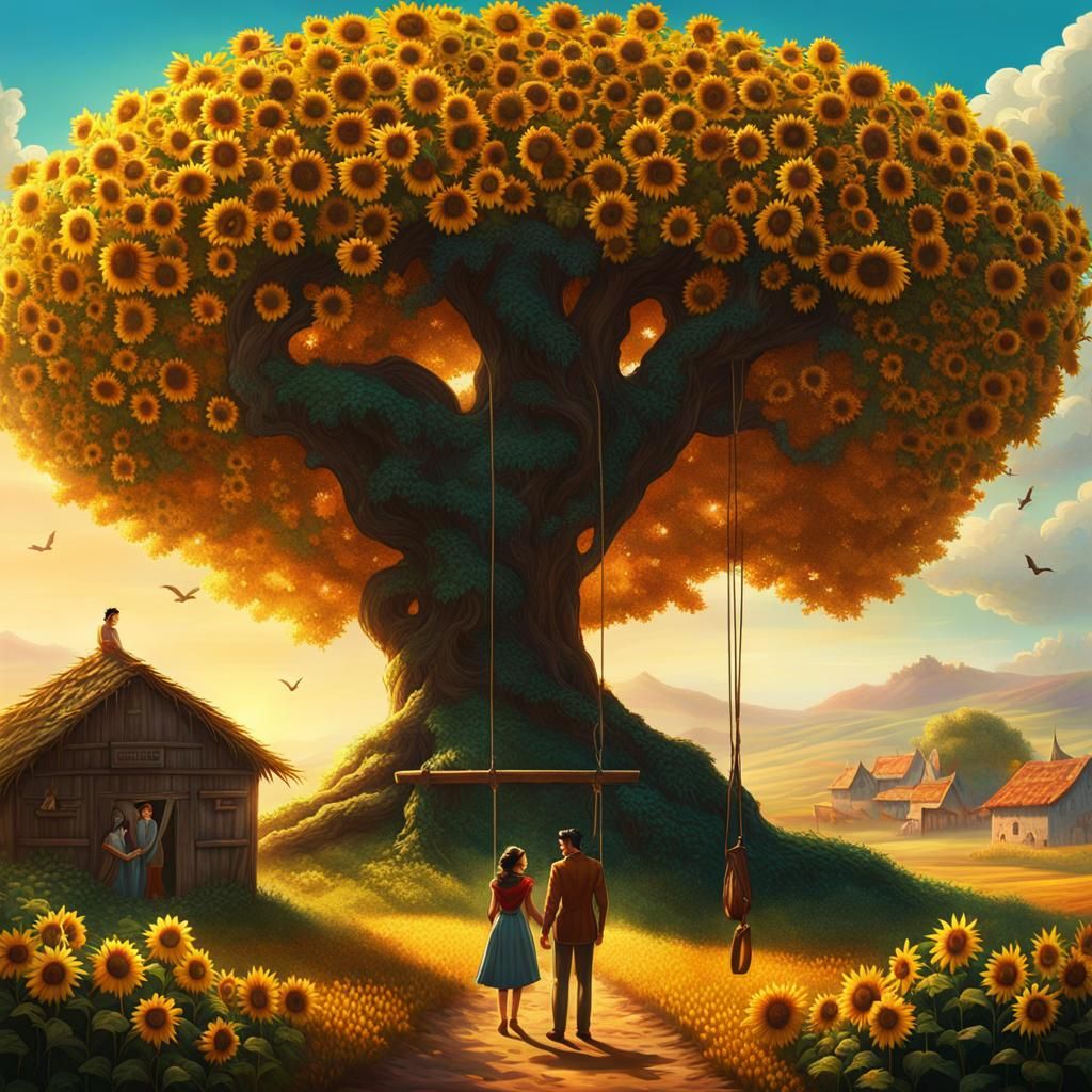 Girl on Swing in Sunflower Field, Matte Painting