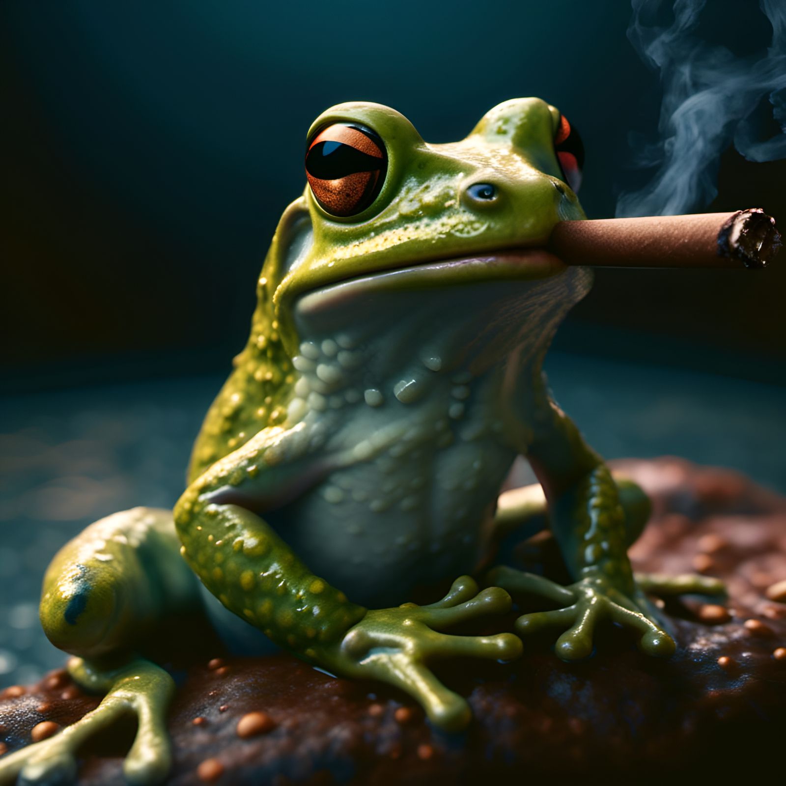 Hyperrealistic Frog Smoking Cigar: Detailed Oil Painting