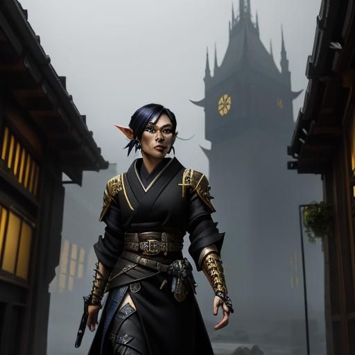 Cyberpunk Elf-Orc Thief in Kimono Loitering