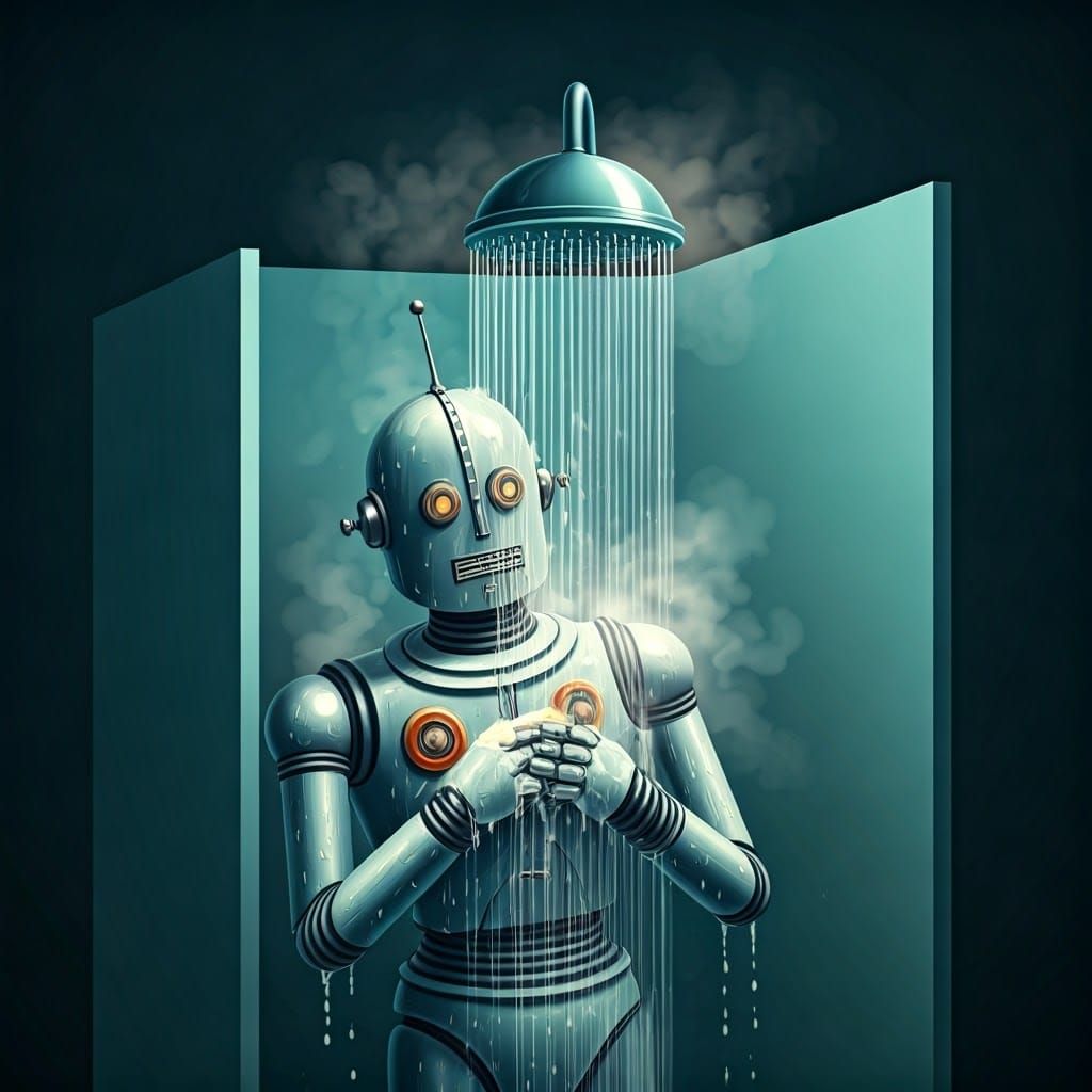 Retro Futuristic Robot Cleans Itself in 1950s Style