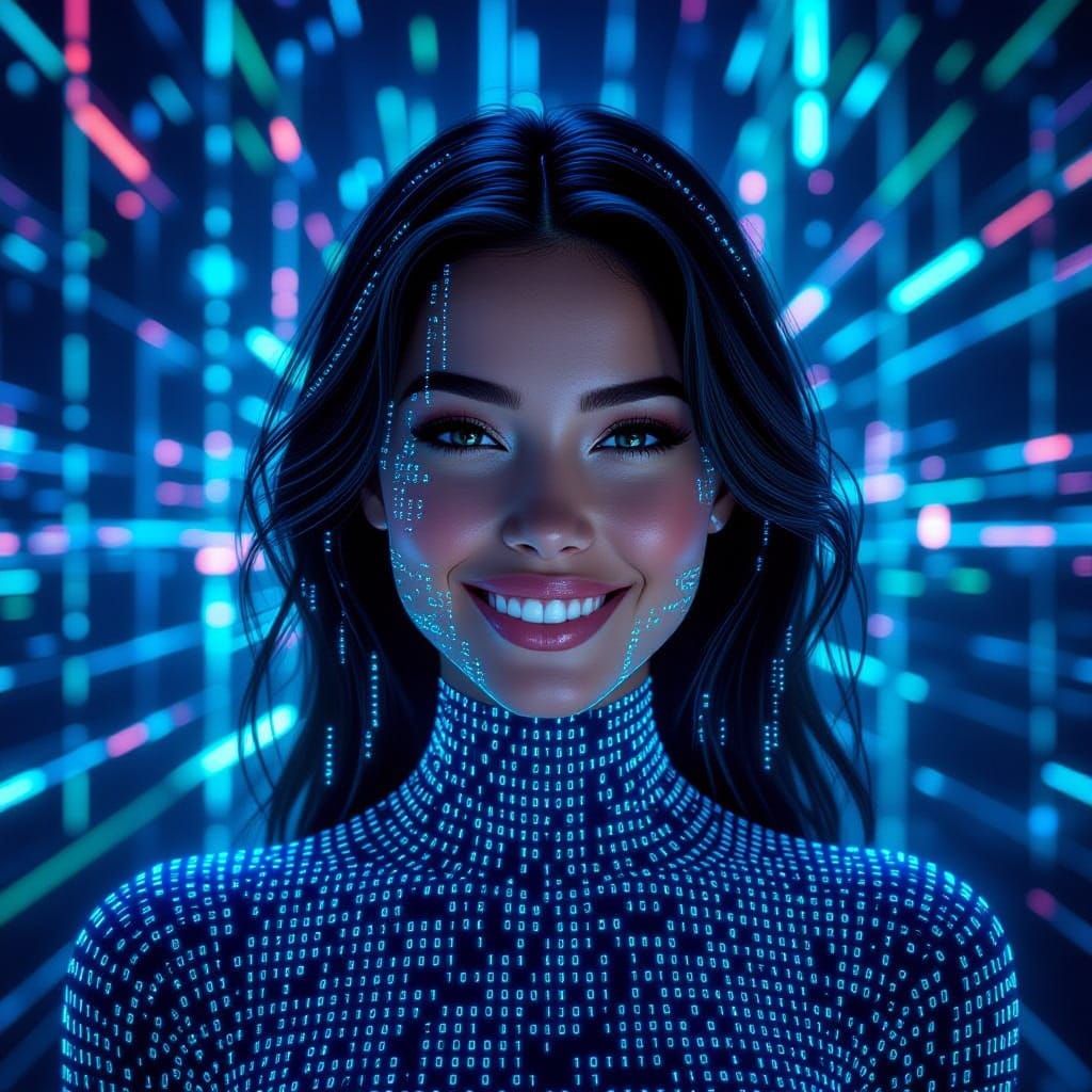 Digital Woman Made of Binary Code in Neon Cyberspace