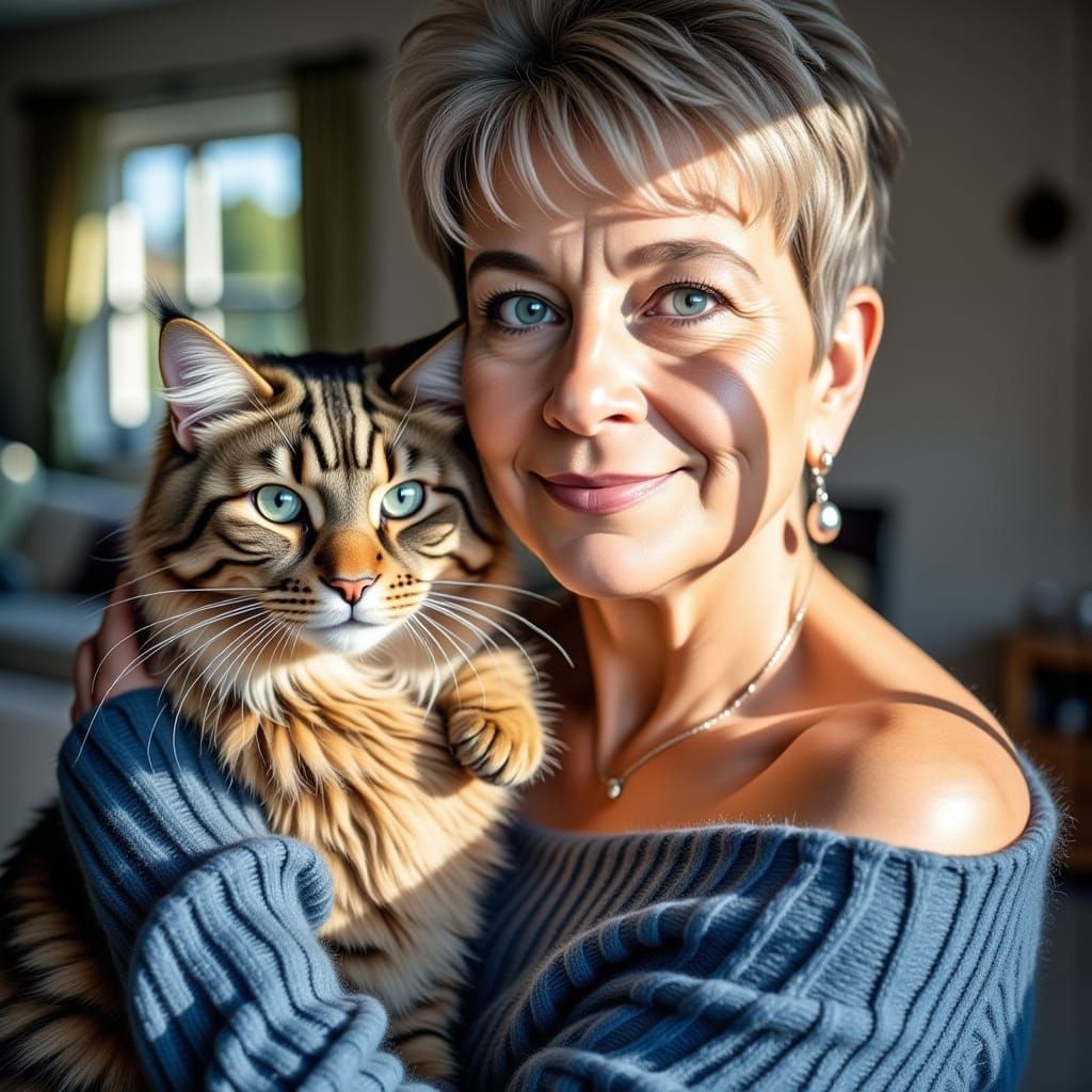 <lora:Me:1.0>A closeup of a woman with greyblond hair, wearing a blue off the shoulder sweater, holding a <lora:Langhaar...