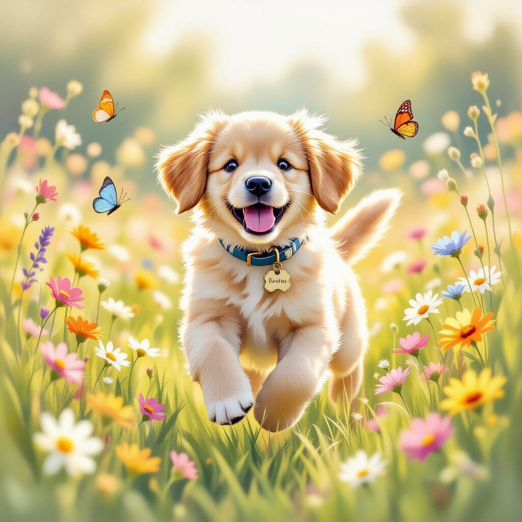 Golden Retriever Puppy in Watercolor Flower Field