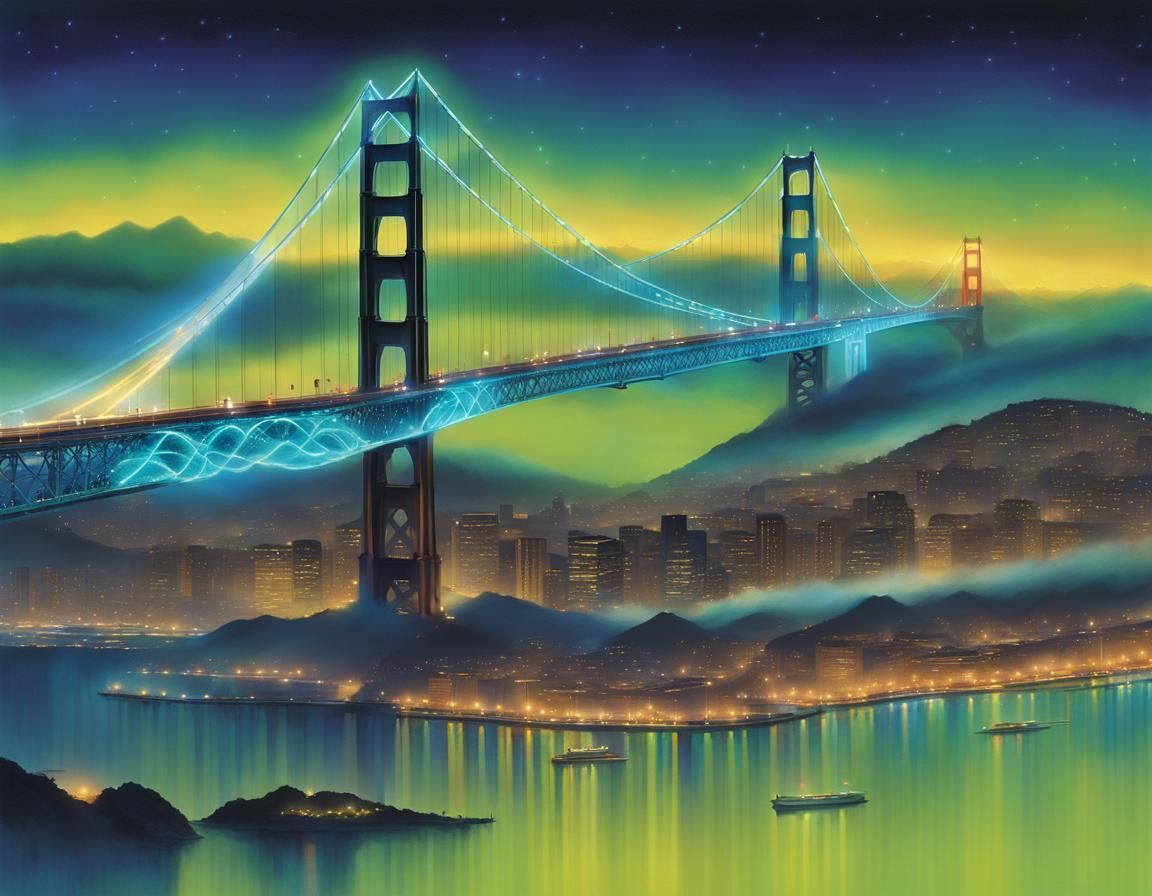 Alien Mothership over Golden Gate in Cyberpunk Style