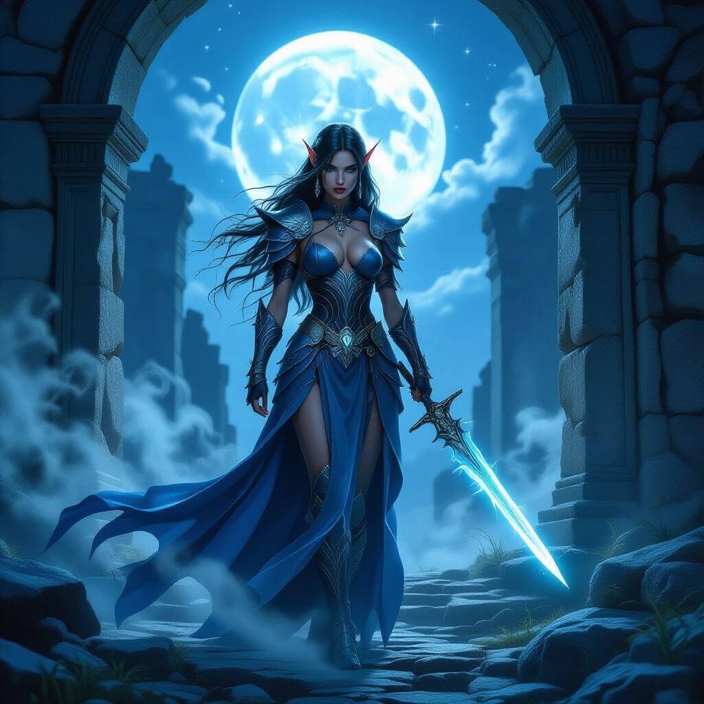 Elf Warrior Guarding Moonlit Ruins in Fantasy Concept Art St...