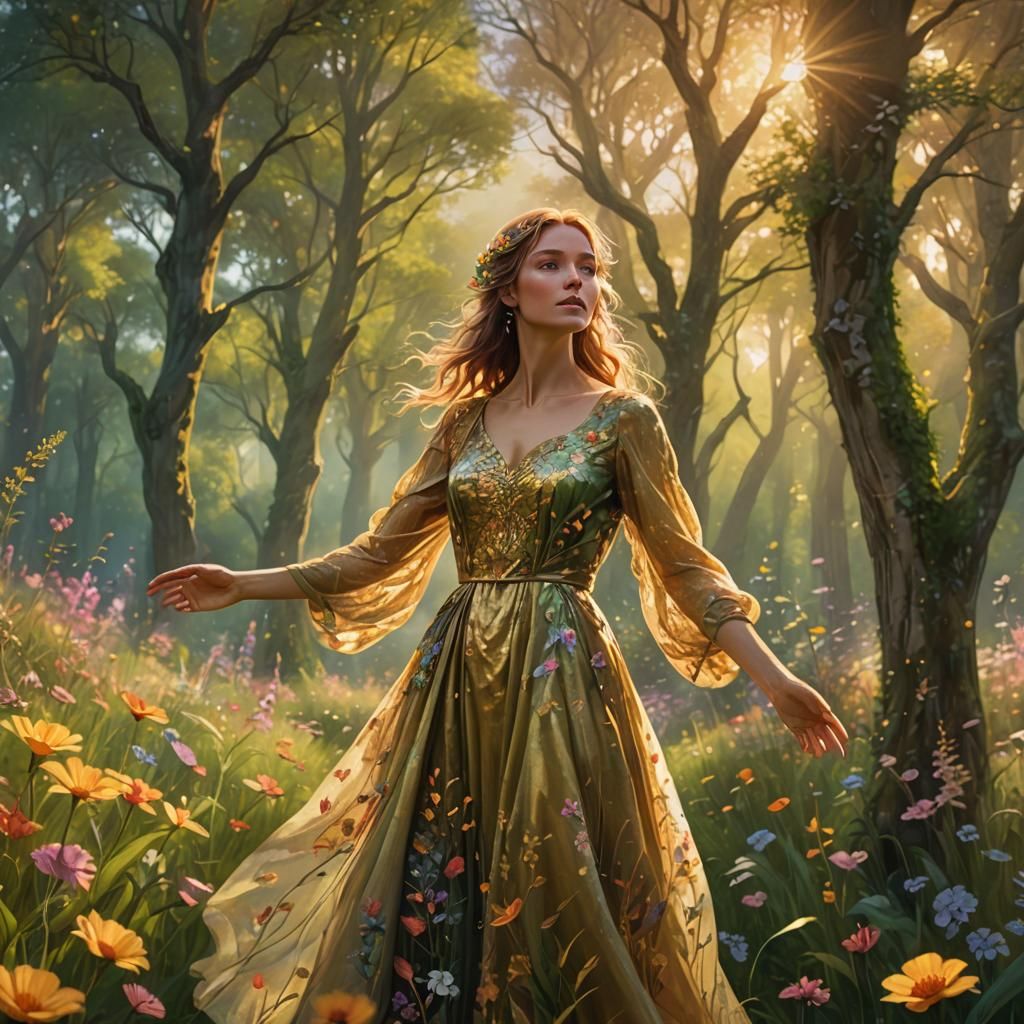 Fantasy Art of Woman in Lush Meadow at Golden Hour