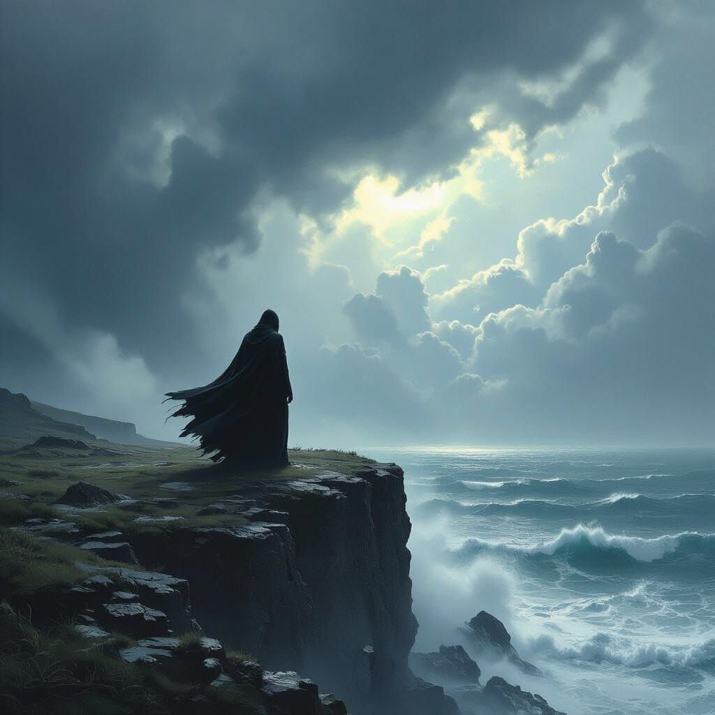 Lone Figure on Cliff Overlooking Stormy Sea in Dark Fantasy ...