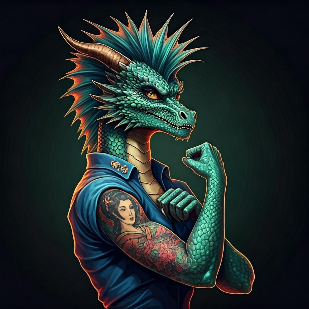 Punk Dragon in Rosie the Riveter Pose